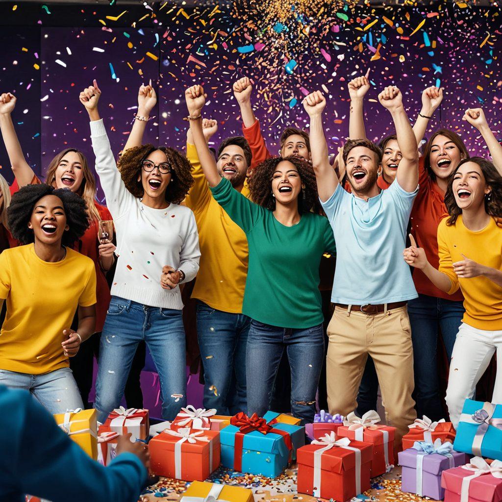 A vibrant scene depicting a joyful group of diverse individuals celebrating a big win at a colorful online contest, surrounded by confetti and digital screens showcasing various giveaways. Include elements like trophies, gift boxes, and sparkling lights to evoke excitement. The atmosphere should feel festive and energetic, inviting viewers to engage. super-realistic. vibrant colors. 3D.