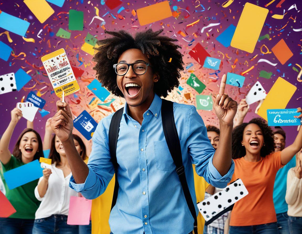 A vibrant and colorful collage featuring an excited individual holding a winning ticket surrounded by confetti and prizes like gift cards, gadgets, and travel essentials. In the background, showcase a diverse set of people joyfully interacting with various sweepstakes entries and promotional displays. Add playful elements such as question marks and lightbulbs symbolizing tips and strategies. The scene should evoke excitement and opportunity. vibrant colors. super-realistic.