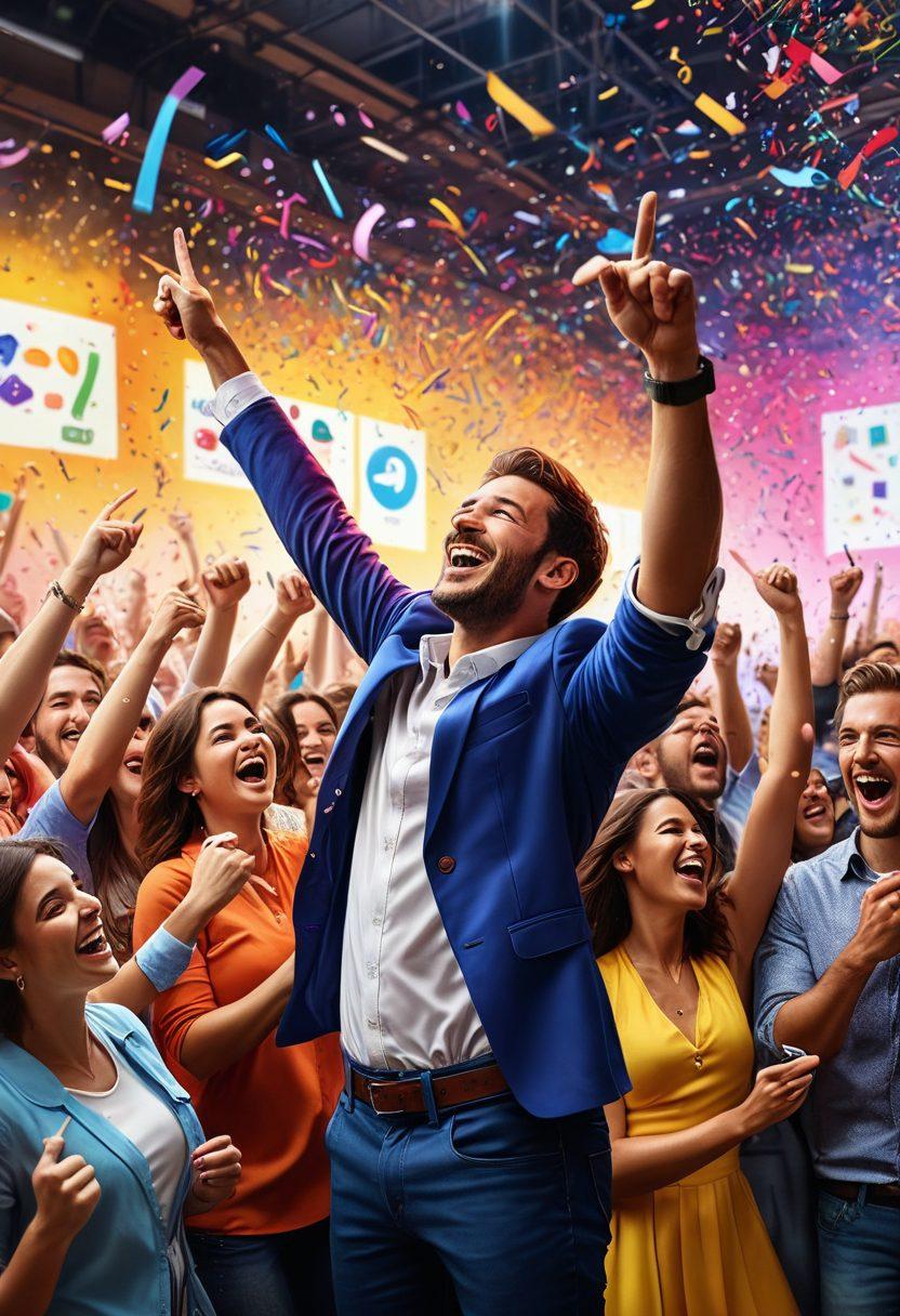 A dynamic scene showcasing a diverse group of enthusiastic individuals eagerly participating in an exciting raffle or social media contest. Include vibrant social media icons and raffle tickets flying around, with a bright and cheerful atmosphere. Add elements of competition, like a leaderboard and celebratory confetti, to emphasize the thrill of winning. super-realistic. vibrant colors.